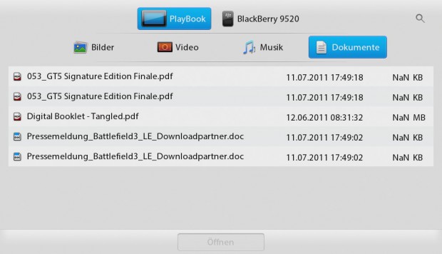 Dateien können auf dem Playbook oder auf verbundenen Blackberry-Smartphones gesichert und geladen werden.